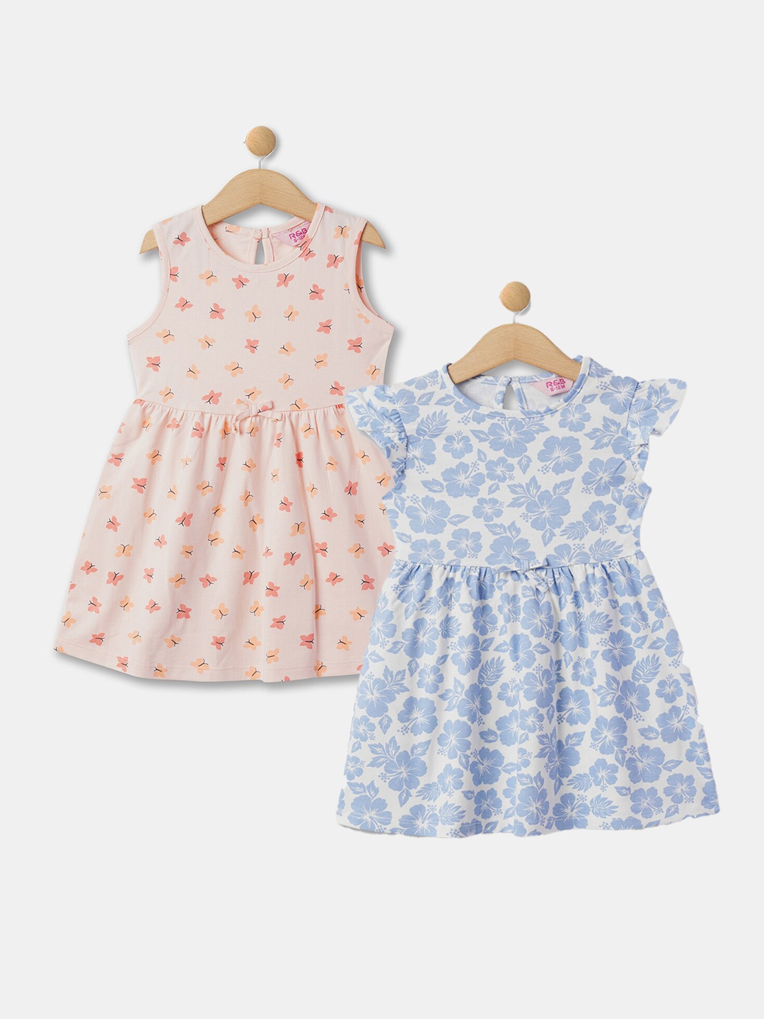 

R&B Pack Of 2 Girls Floral Printed Gathered Cotton Fit & Flare Dresses, Blue