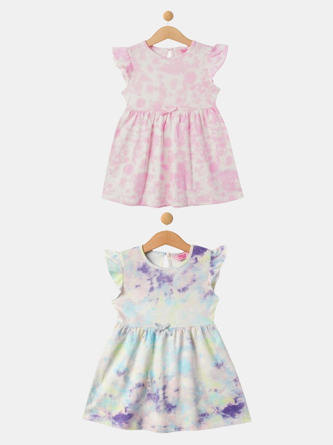 

R&B Pack Of 2 Girls Abstract Printed Flutter Sleeves Cotton Fit & Flare Dresses, Pink