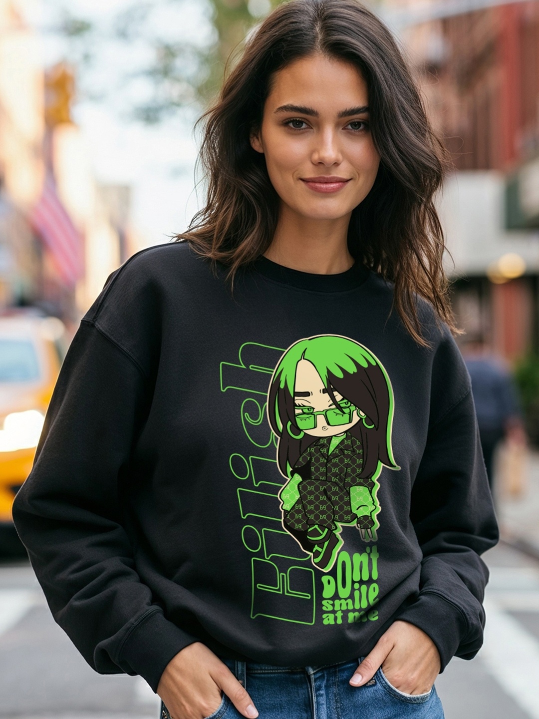 

Bewakoof Don't Smile Billie Graphic Printed Oversized Fleece Pullover Sweatshirt, Black