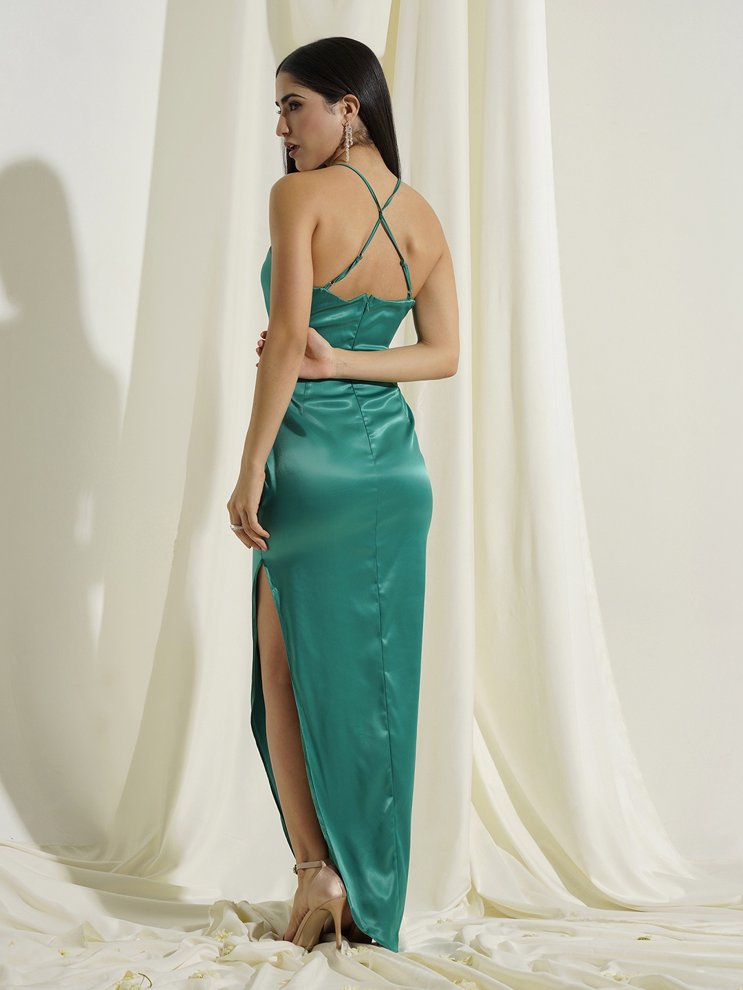 

PRIZO Shoulder Straps Sleeveless Cut-Outs Satin Casual Slit Maxi Dress, Green