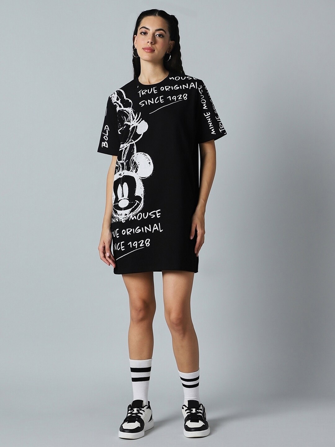 

Bewakoof Heavy Duty 1.0 Women All Over Printed Oversized T-Shirt Dress, Black