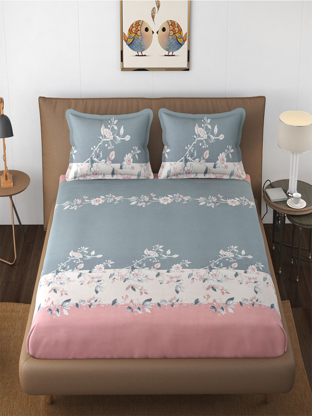 

Hammer Home Grey & Pink Floral 210 TC Cotton Queen Bedsheet with 2 Pillow Covers