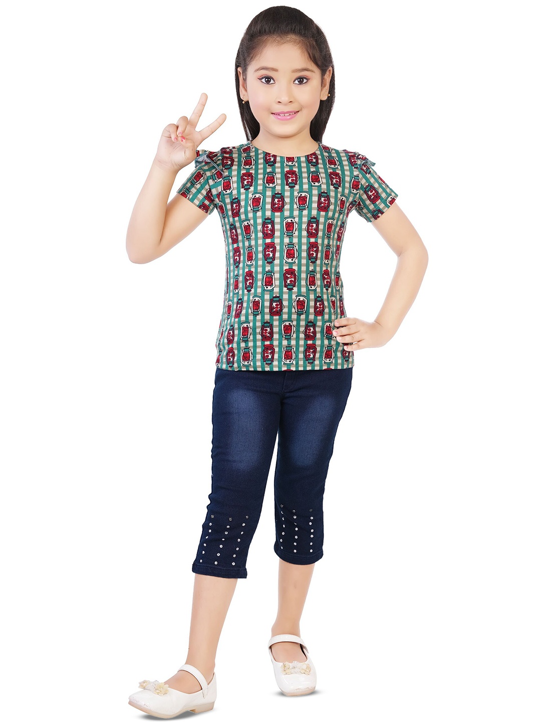 

BAESD Girls Printed Top With Capris, Green