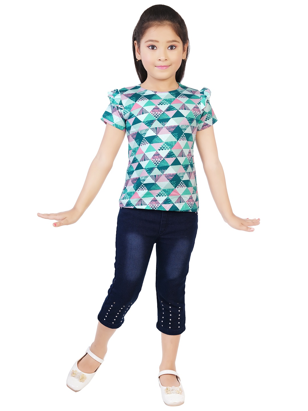 

BAESD Girls Geometric Printed T-shirt with Capris, Green