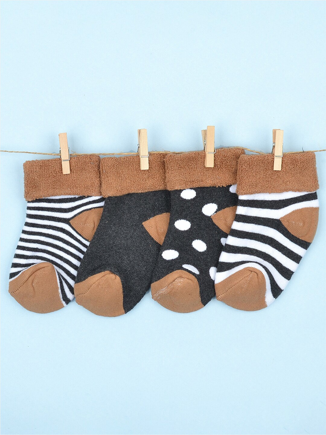 

FOOTPRINT 4 Pairs Infant Kids Patterned Ankle-Length Organic Cotton Socks, Brown