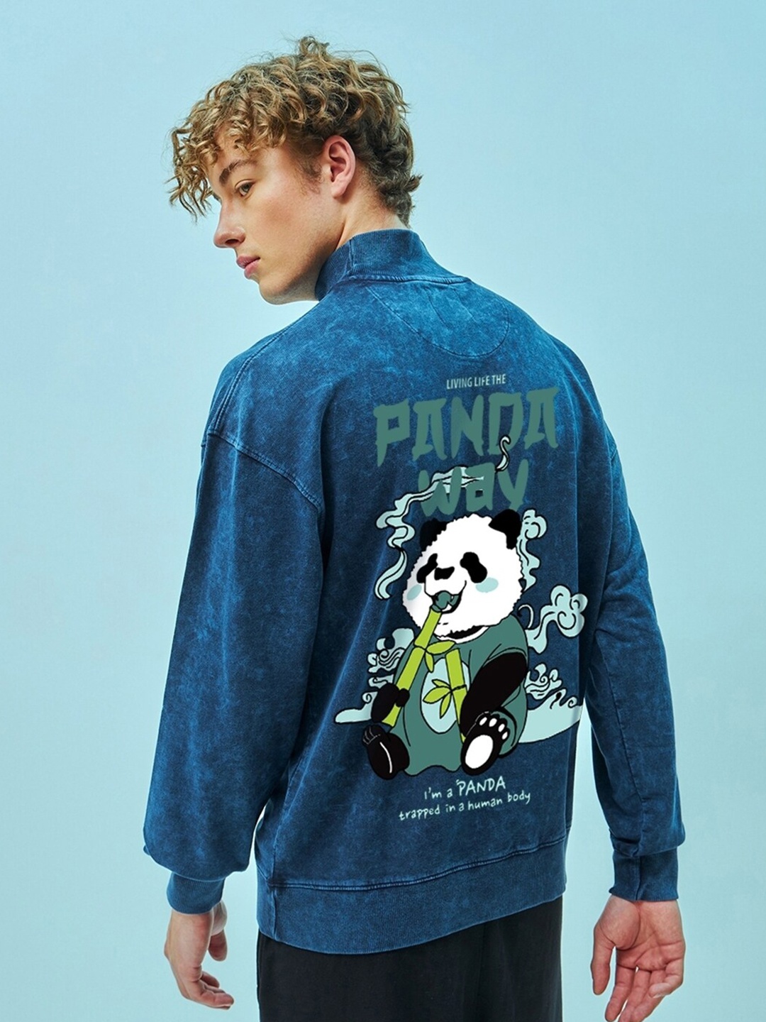 

Bewakoof The Panda Way Graphic Printed Turtle Neck Oversized Cotton Pullover Sweatshirt, Blue