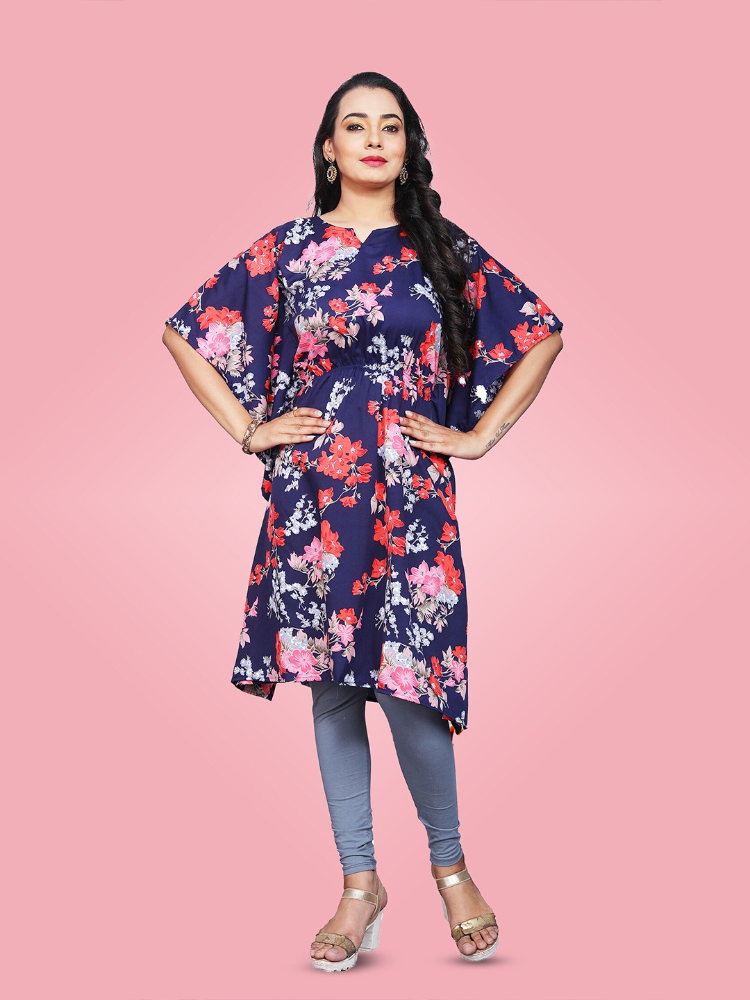 

BAESD Floral Printed Round Neck Flared Sleeve Kaftan Dress, Navy blue