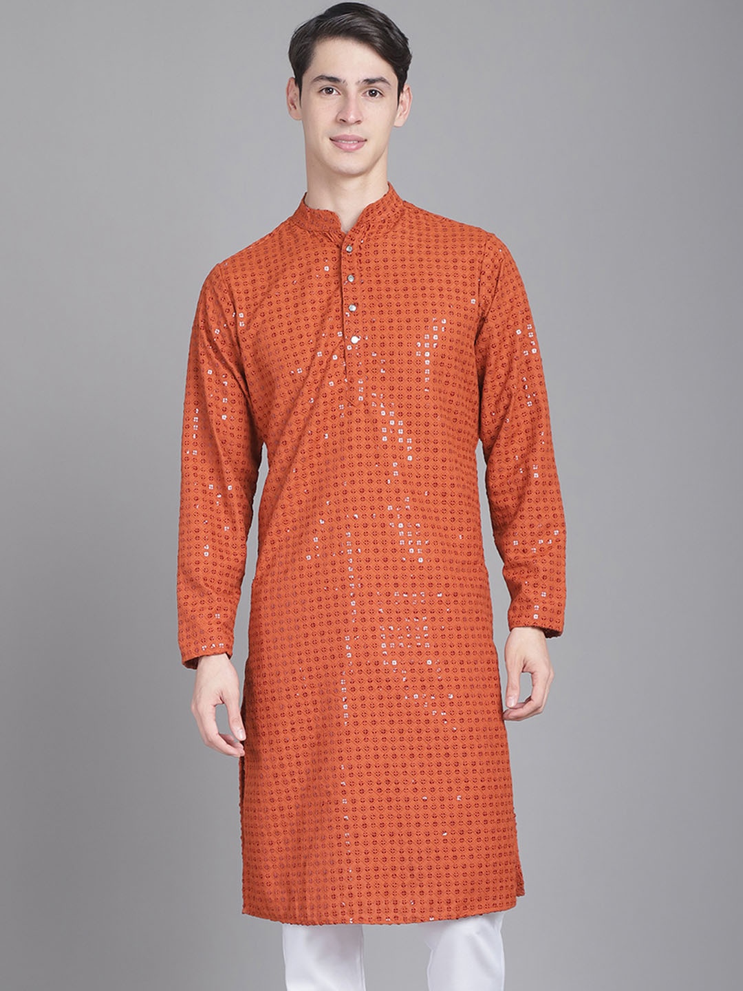 

Majestic Man Embroidered Sequined Mandarin Collar Straight Kurta, Rust