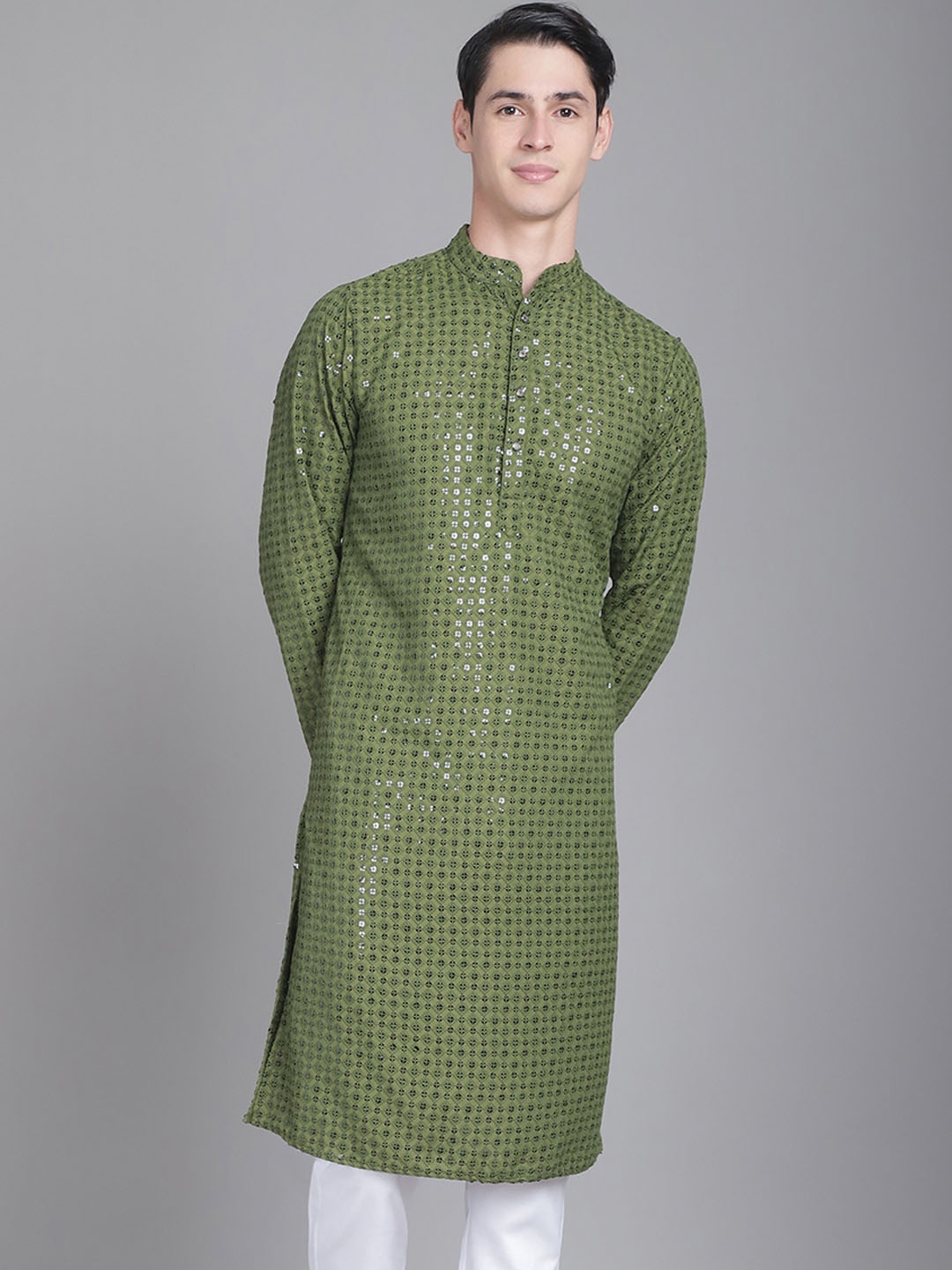 

Majestic Man Geometric Embroidered Sequinned Mandarin Collar Straight Kurta, Green