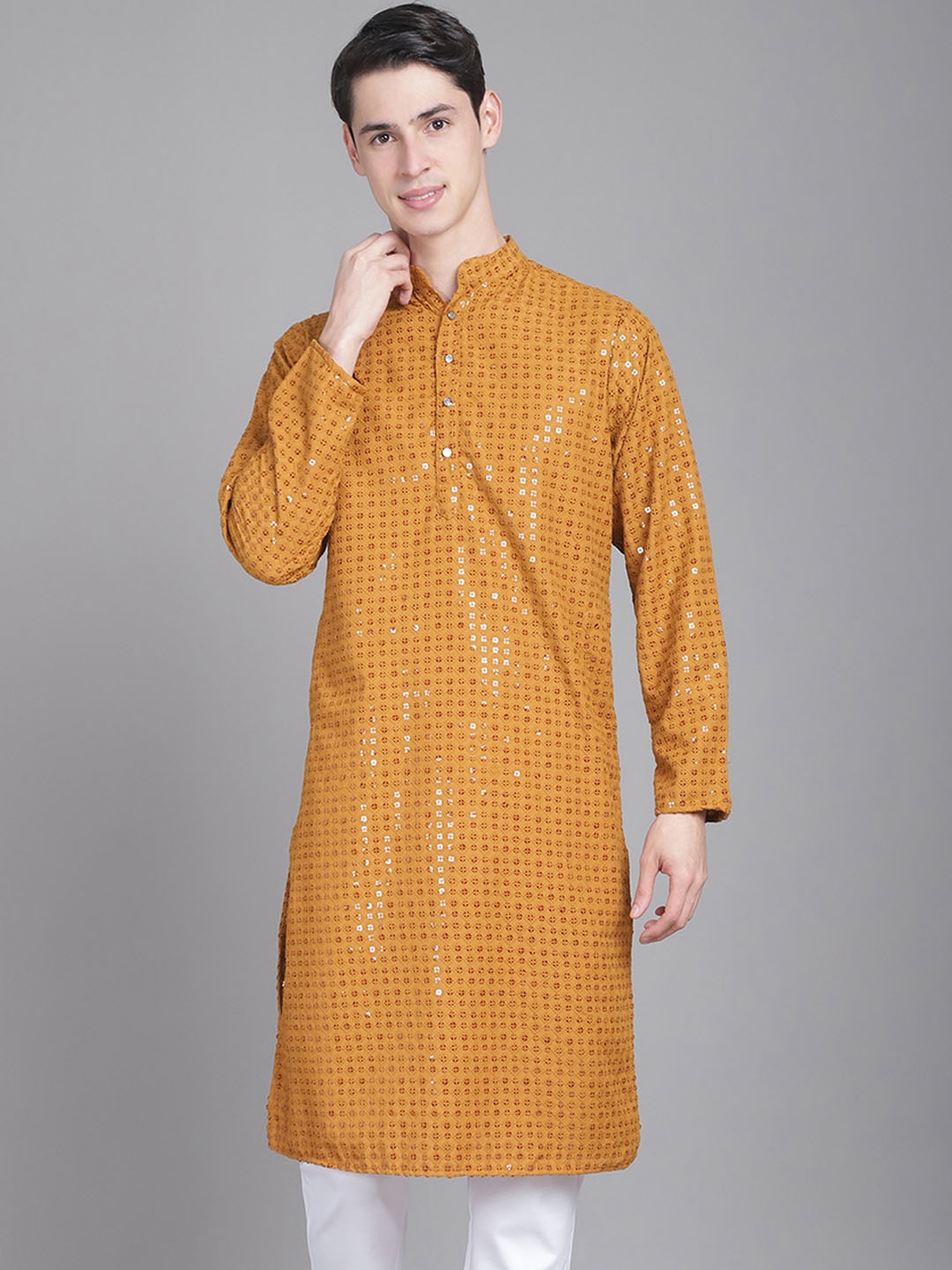 

Majestic Man Geometric Embroidered Sequinned Mandarin Collar Straight Kurta, Mustard