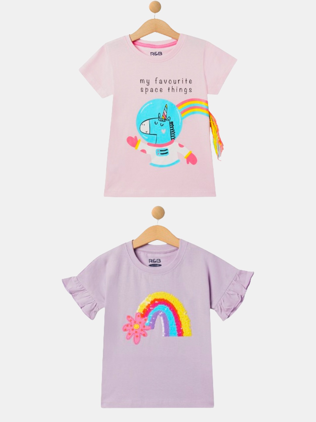 

R&B Girls Pack Of 2 Printed Round Neck Cotton Top, Pink