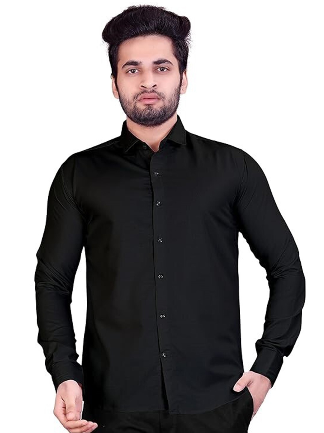 

GAINELL Spread Collar Cotton Opaque Casual Shirt, Black