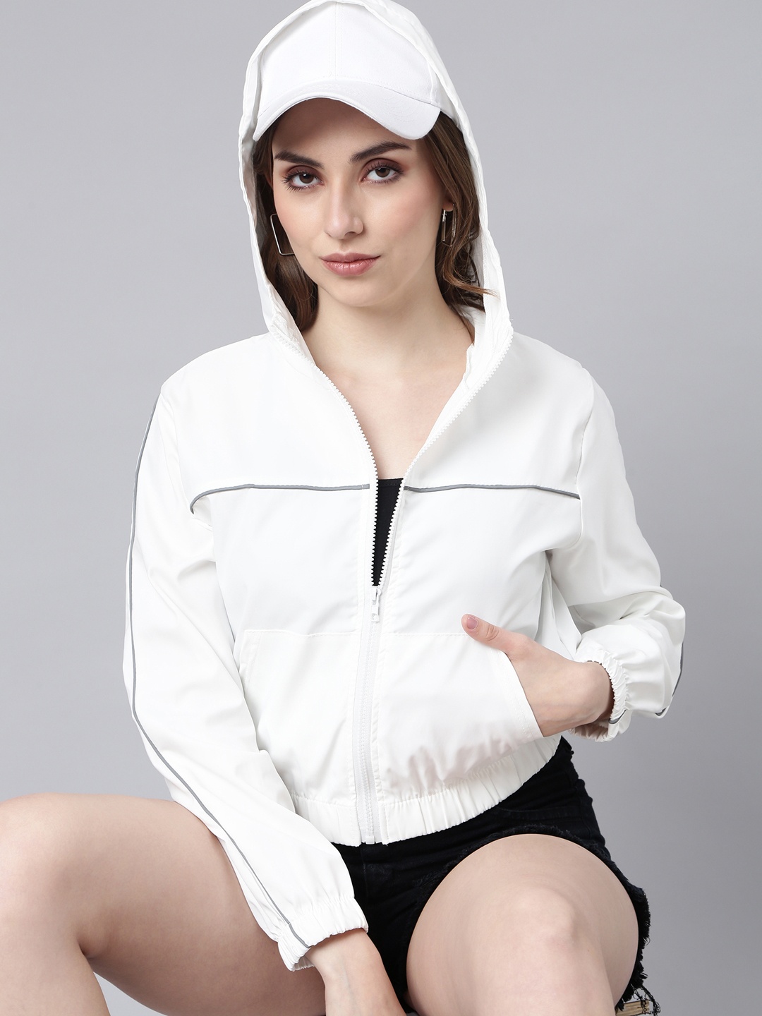 

SHOWOFF Hooded Windcheater Crop Open Front Jacket, White