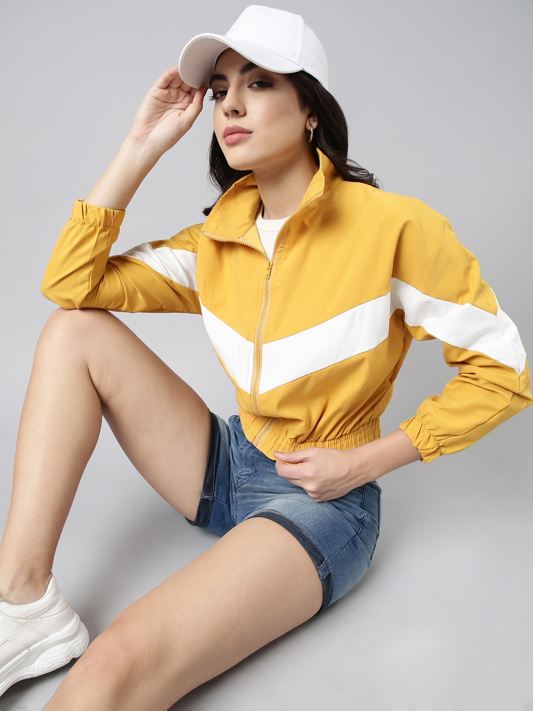 

SHOWOFF Colourblocked Mock Collar Long Sleeves Windcheater Crop Bomber Jacket, Mustard