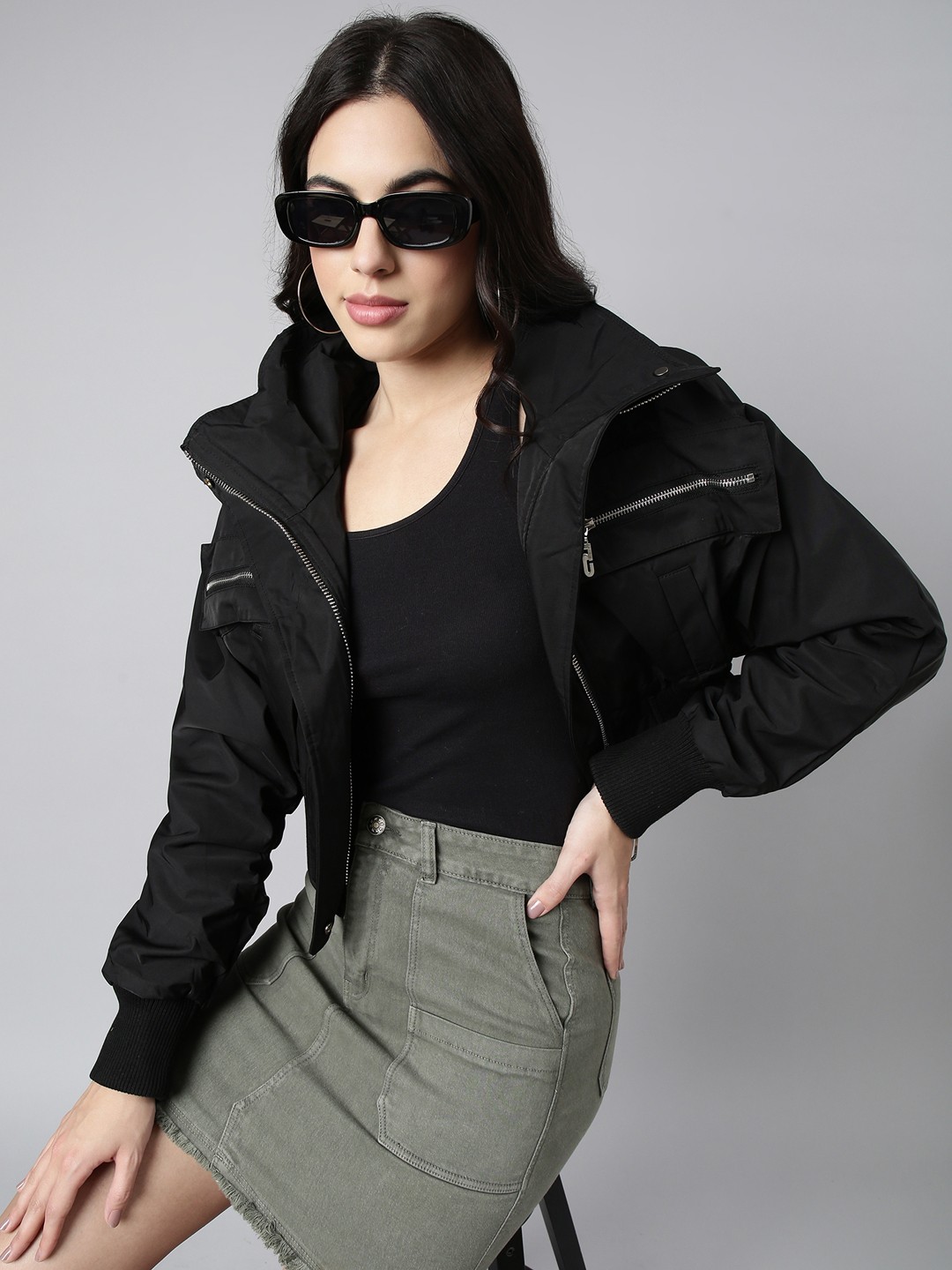 

SHOWOFF Mock Collar Windcheater Crop Open Front Jacket, Black