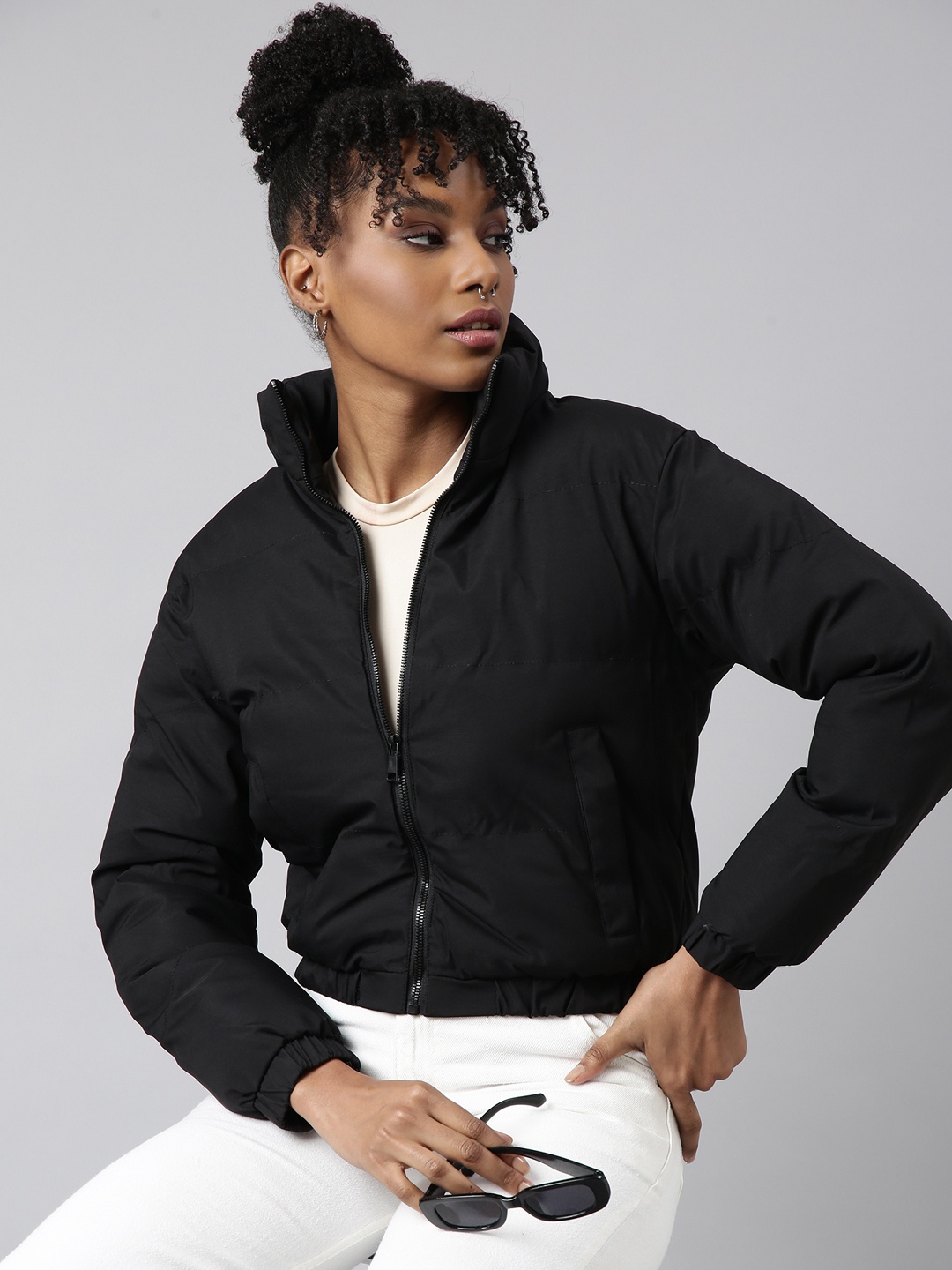 

SHOWOFF Mock Collar Long Sleeves Windcheater Puffer Jacket, Black