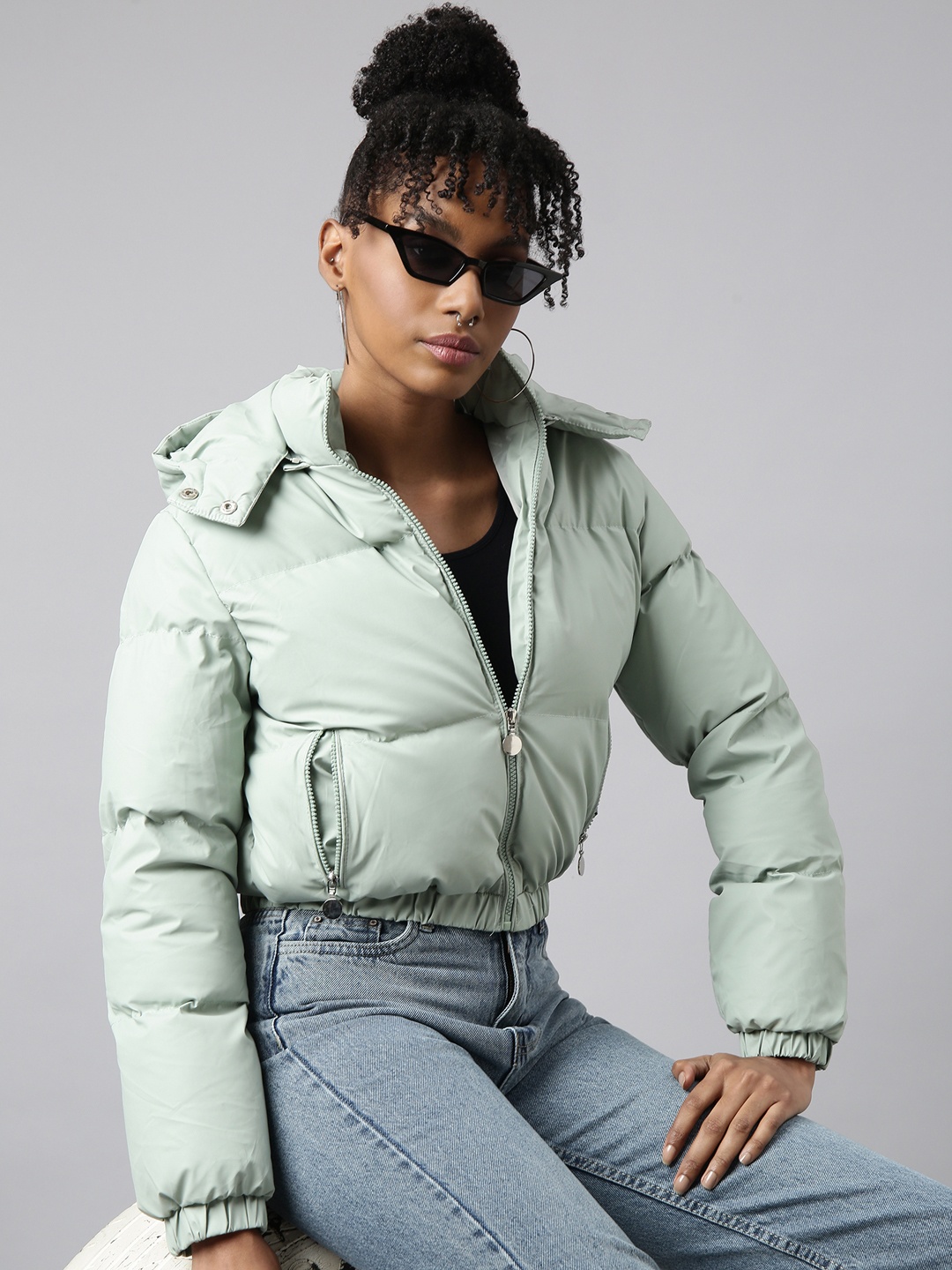 

SHOWOFF Detachable Hood Long Sleeves Windcheater Crop Puffer Jacket, Sea green