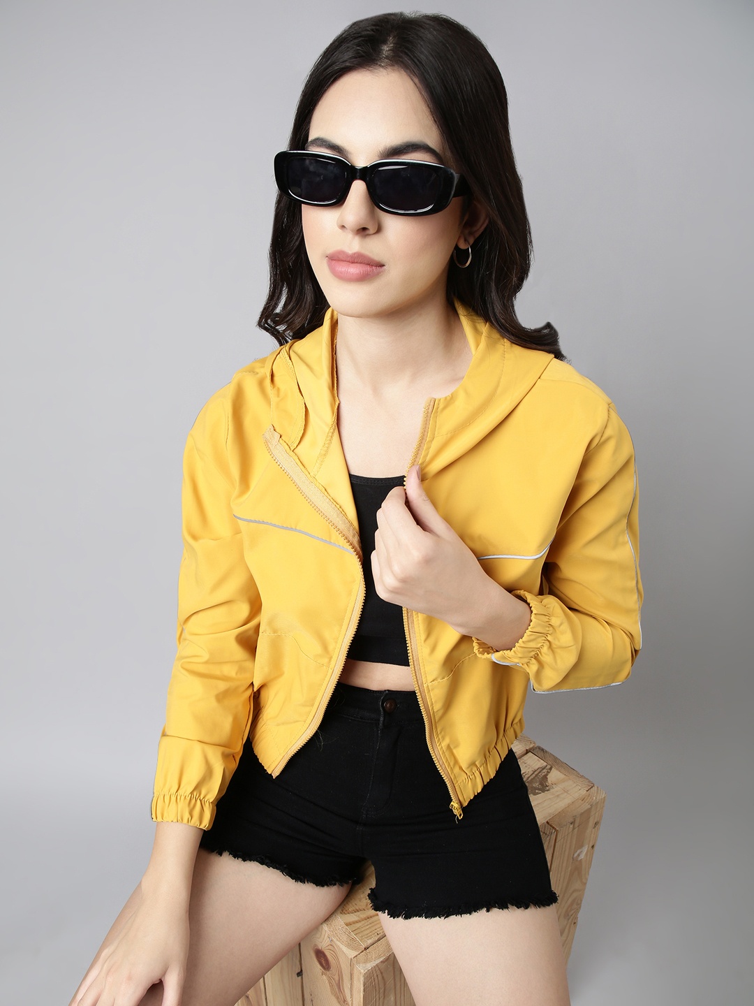

SHOWOFF Windcheater Hooded Crop Bomber Jacket, Mustard