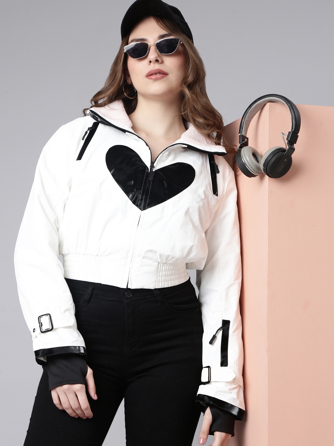 

SHOWOFF Windcheater Mock Collar Crop Bomber Jacket, White
