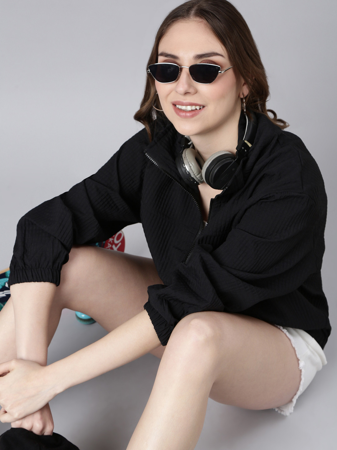 

SHOWOFF Mock Collar Windcheater Taslon Crop Oversized Bomber Jacket, Black