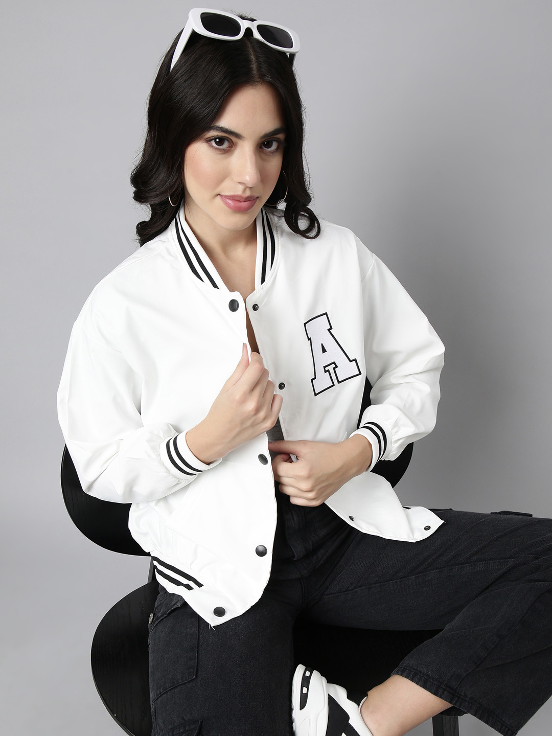 

SHOWOFF Stand Collar Windcheater Taslon Oversized Varsity Jacket, White