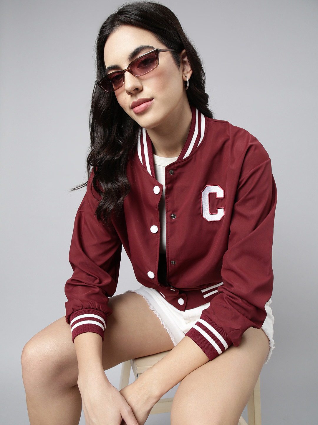 

SHOWOFF Stand Collar Windcheater Crop Varsity Jacket, Maroon