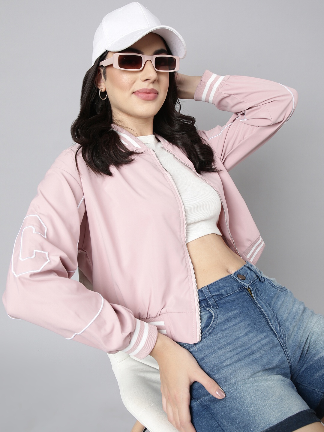 

SHOWOFF Windcheater Mock Collar Crop Bomber Jacket, Peach