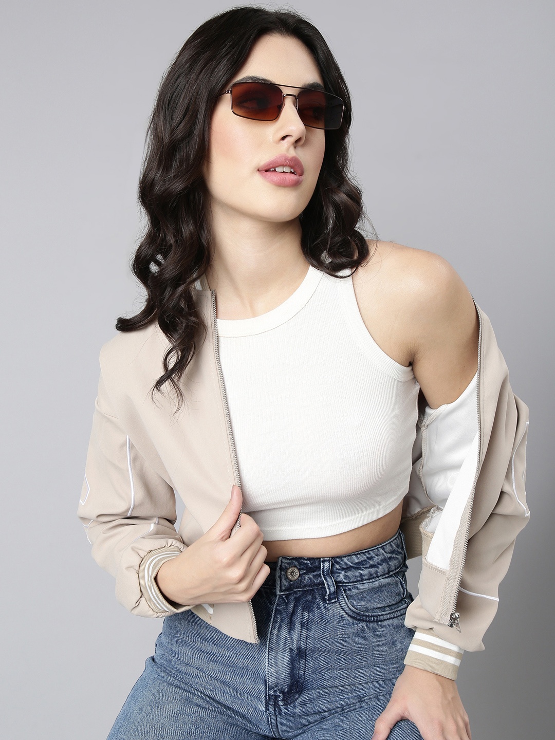 

SHOWOFF Stand Collar Windcheater Taslon Crop Bomber Jacket, Beige