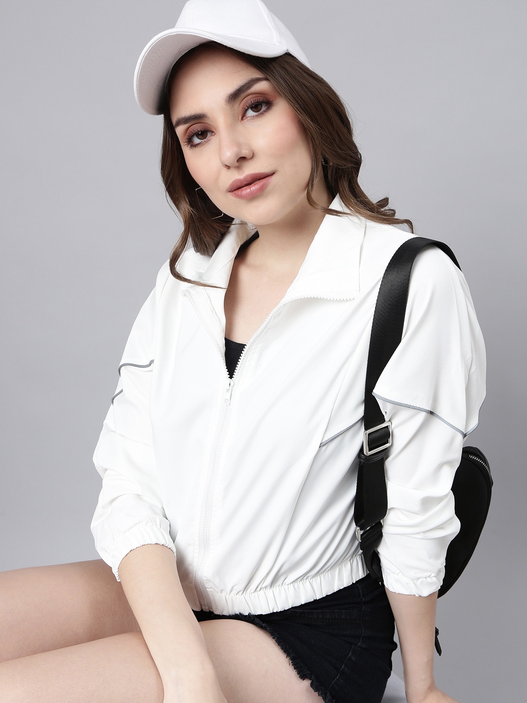 

SHOWOFF Spread Collar Windcheater Crop Bomber Jacket, White