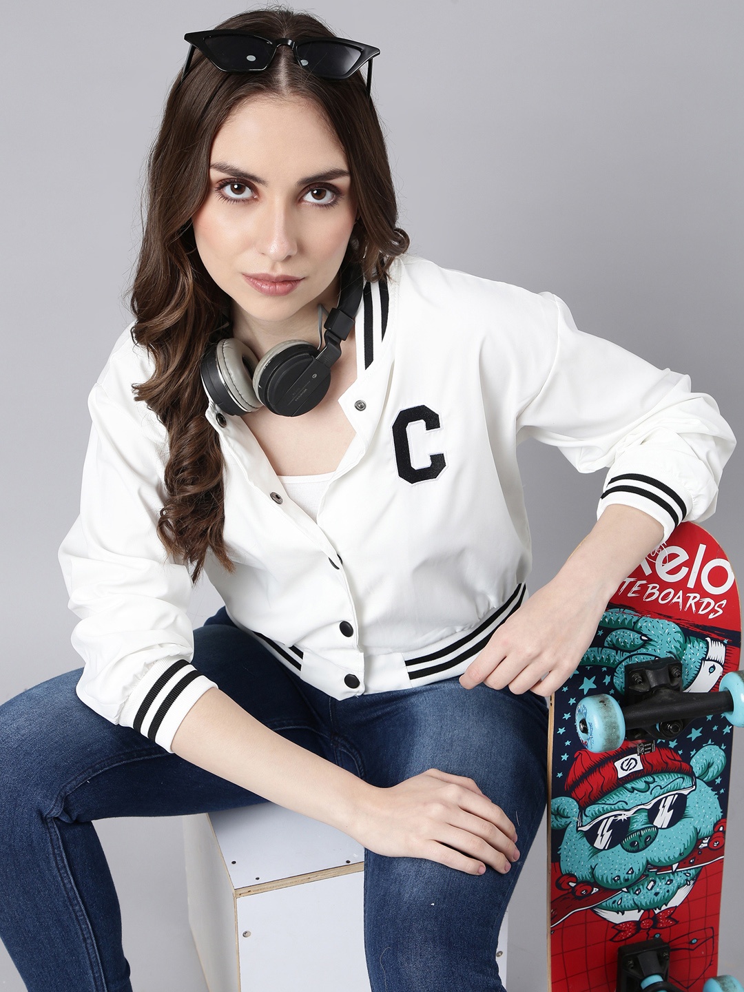 

SHOWOFF Stand Collar Windcheater Taslon Crop Varsity Jacket, White