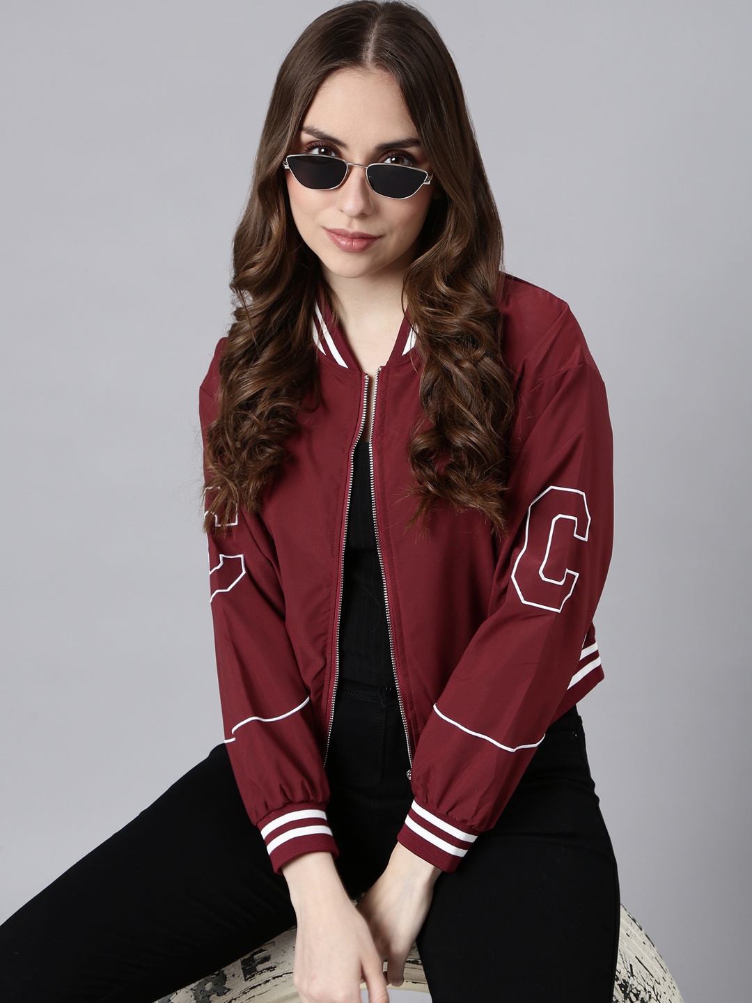 

SHOWOFF Windcheater Mock Collar Crop Bomber Jacket, Maroon