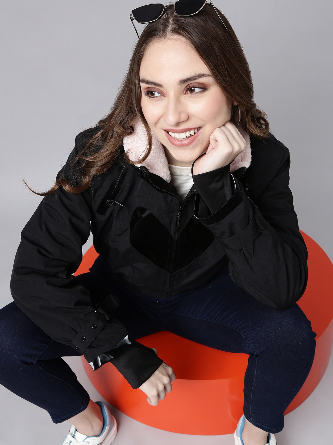 

SHOWOFF Mock Collar Long Sleeves Windcheater Crop Bomber Jacket, Black