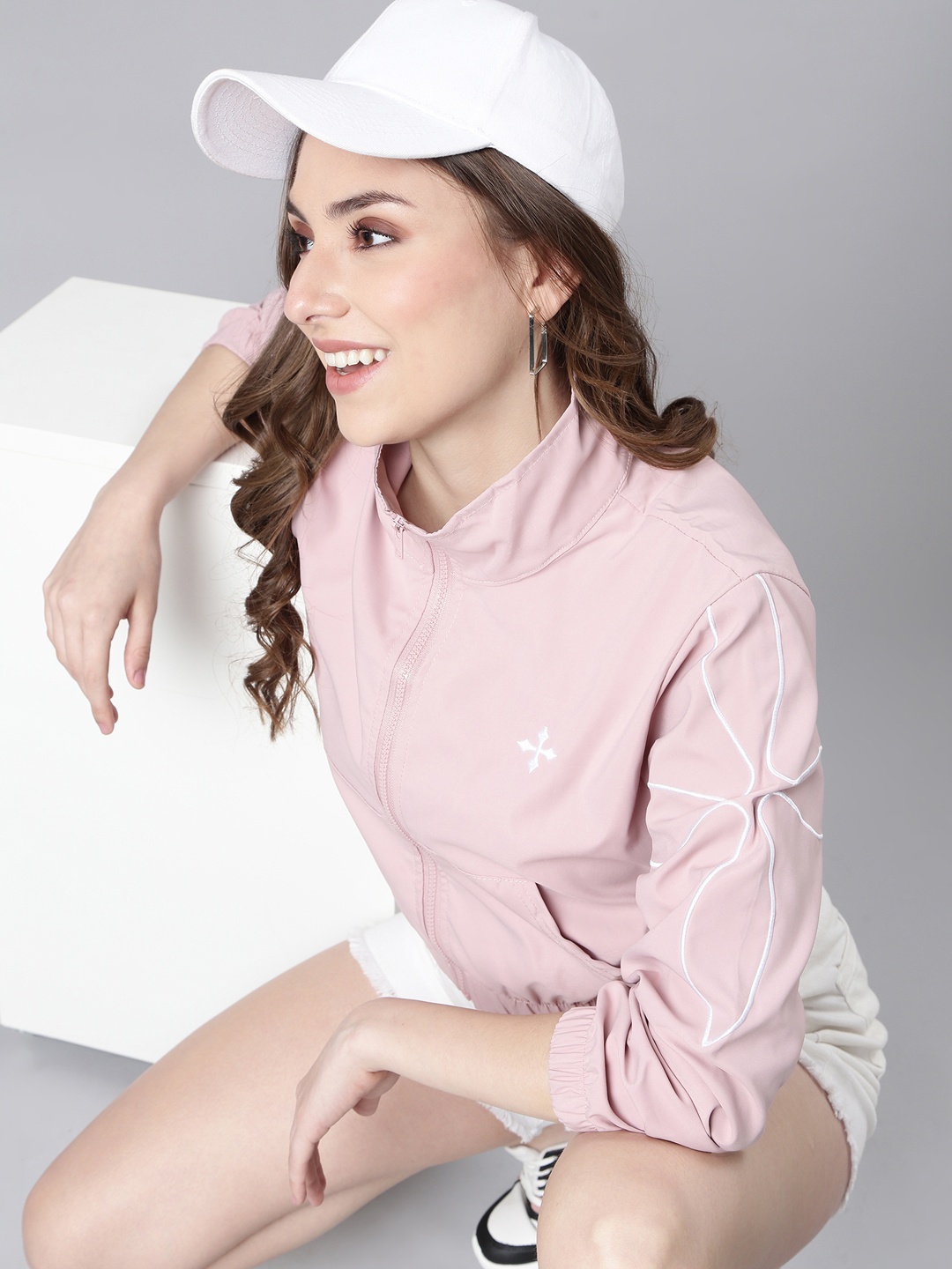 

SHOWOFF Mock Collar Long Sleeves Zip Detail Windcheater Crop Bomber Jacket, Peach