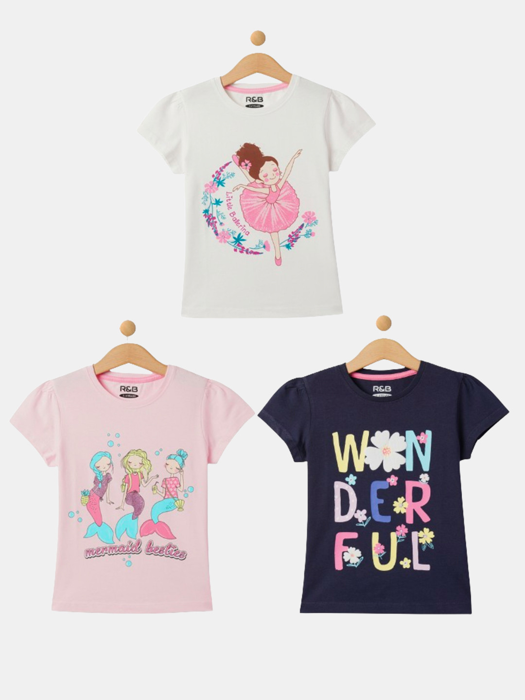 

R&B Girls Pack of 3 Round Neck Typography Printed Extended Sleeves Cotton T-shirt, White