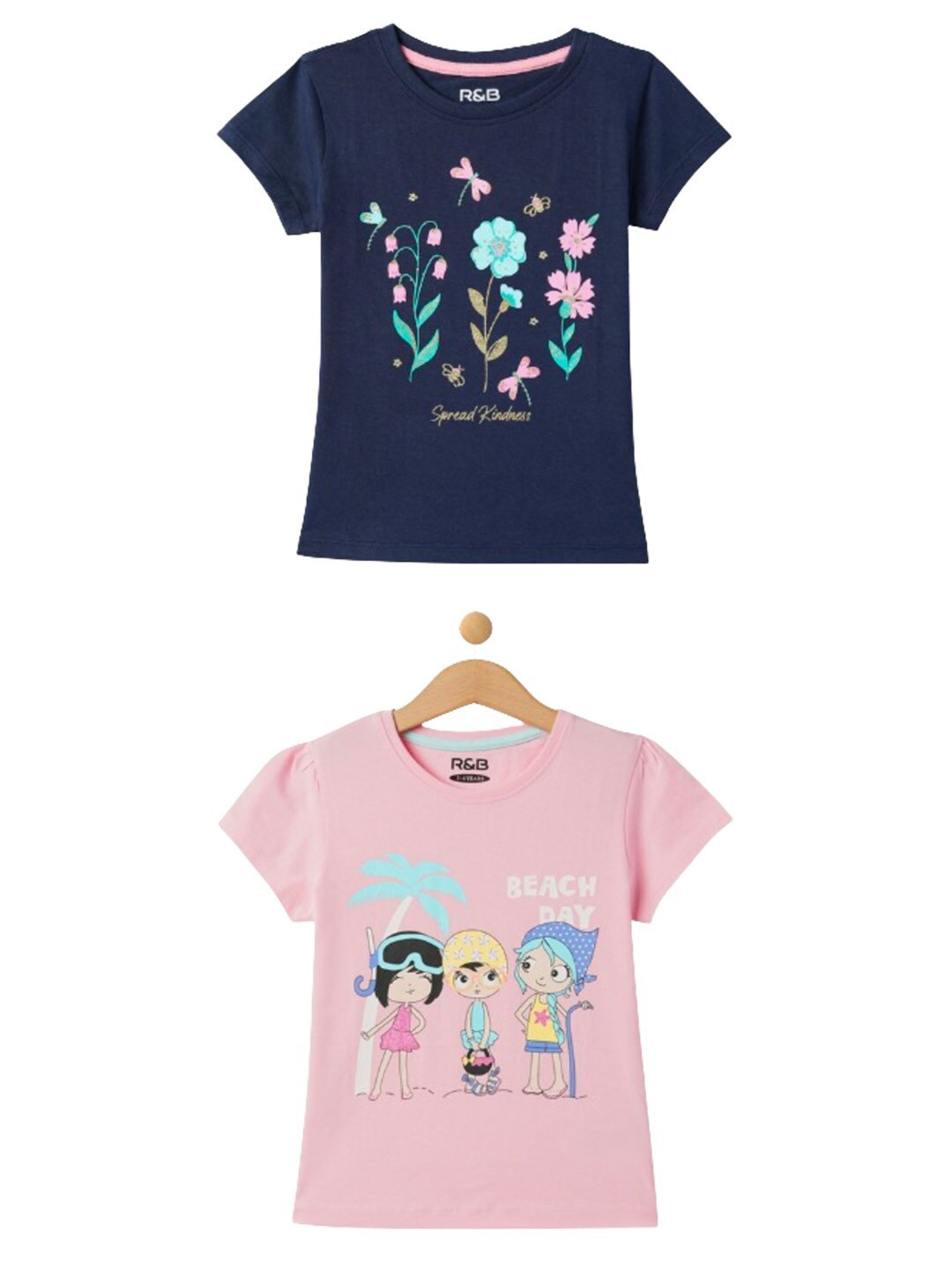 

R&B Girls Pack of 2 Floral Printed Cotton Casual T-shirt, Navy blue