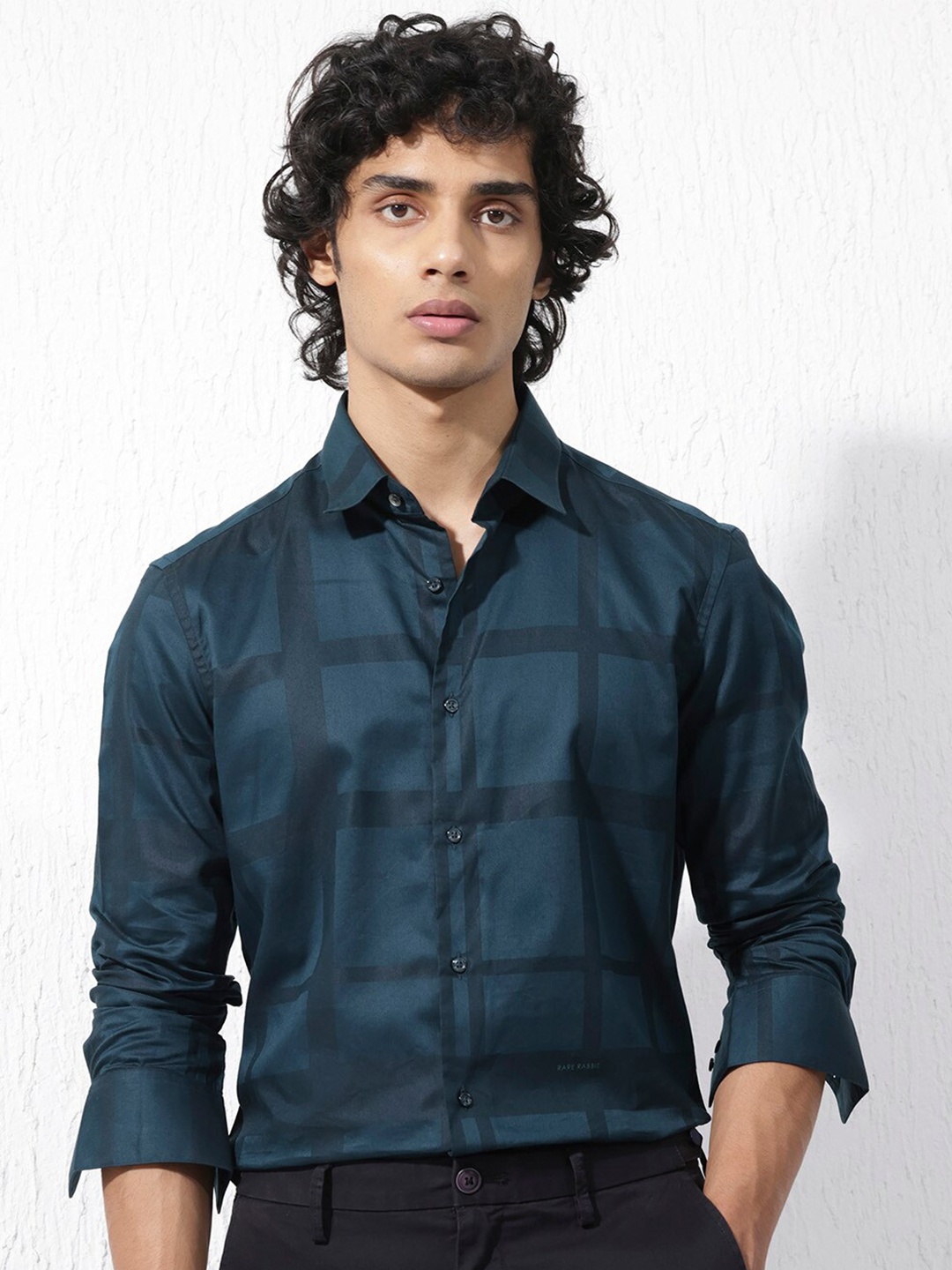 

RARE RABBIT Men Boxline-5 Slim Fit Checked Cotton Shirt, Teal