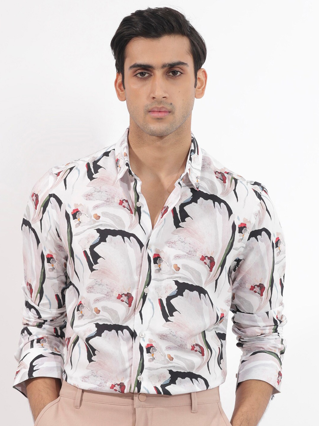 

RARE RABBIT Men Monch Slim Fit Floral Printed Cotton Shirt, White