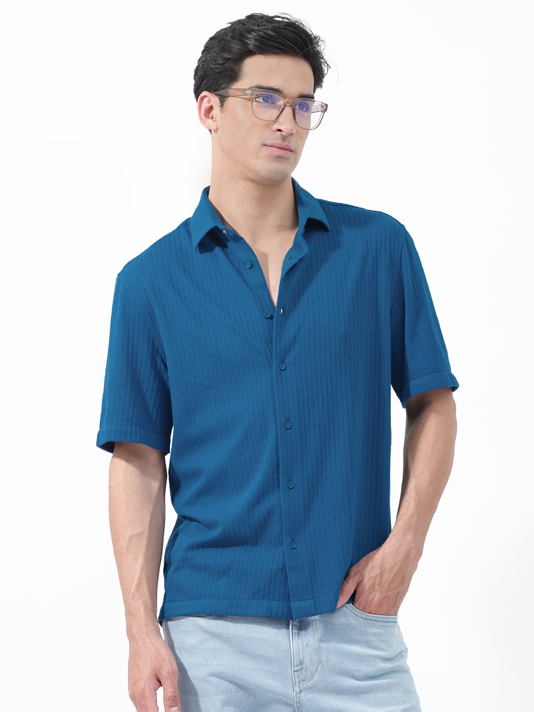 

RARE RABBIT Men Tano Slim Fit Striped Spread Collar Cotton Shirt, Blue