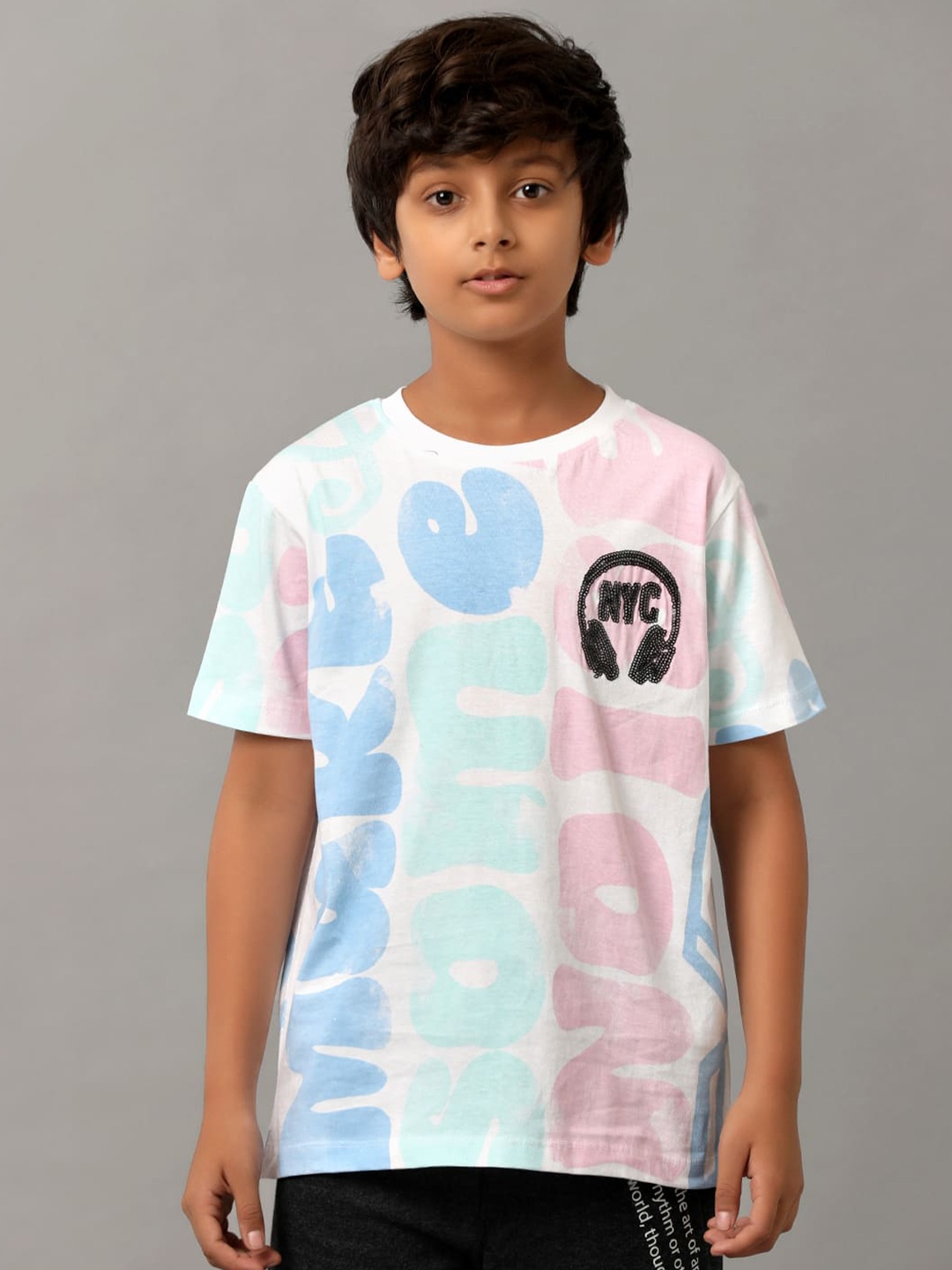 

UNDER FOURTEEN ONLY Boys Abstract Printed Applique Cotton T-shirt, Blue