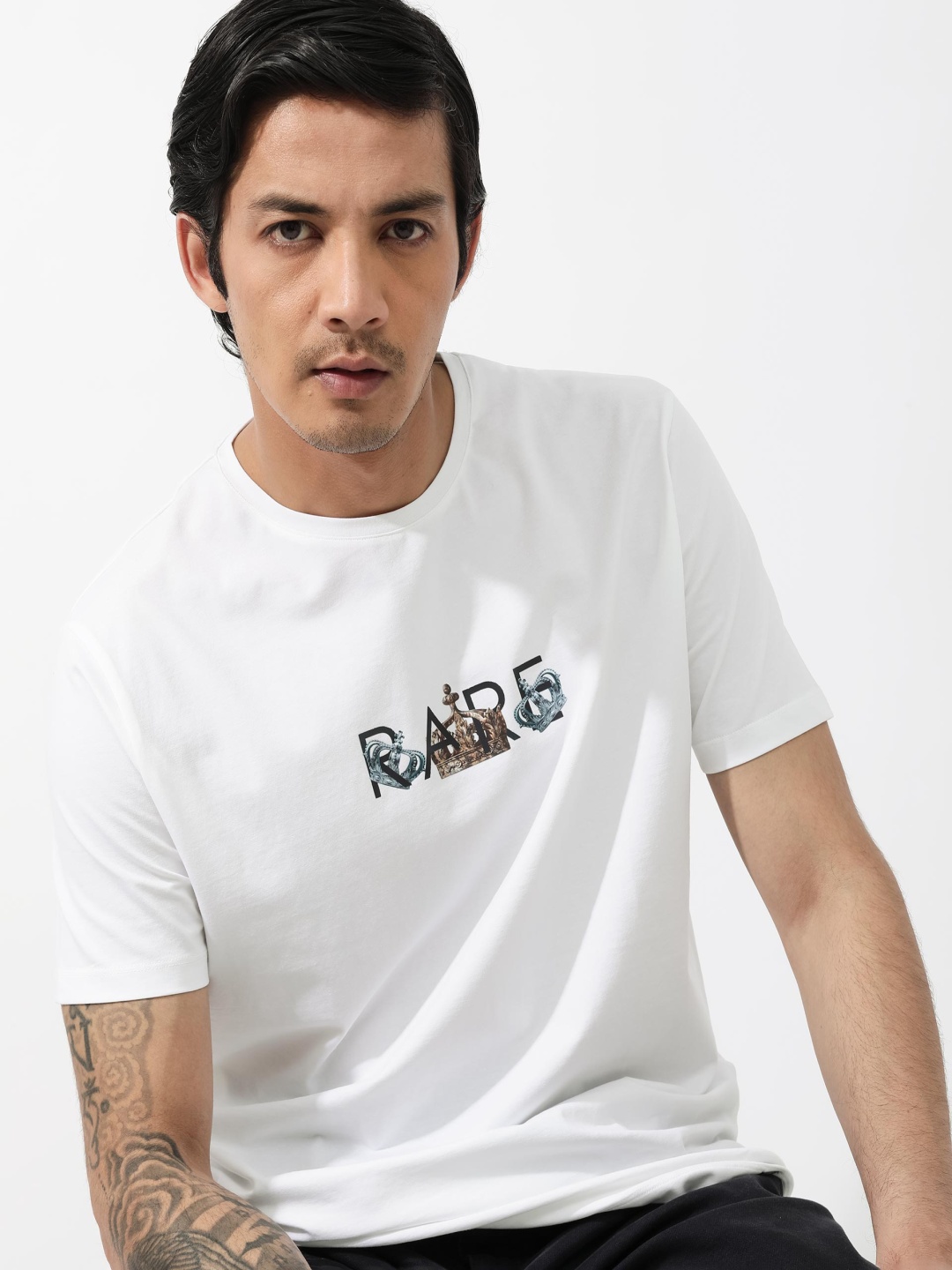 RARE RABBIT Men Chent Round Neck Typographic Printed Cotton Slim Fit T-Shirt, White