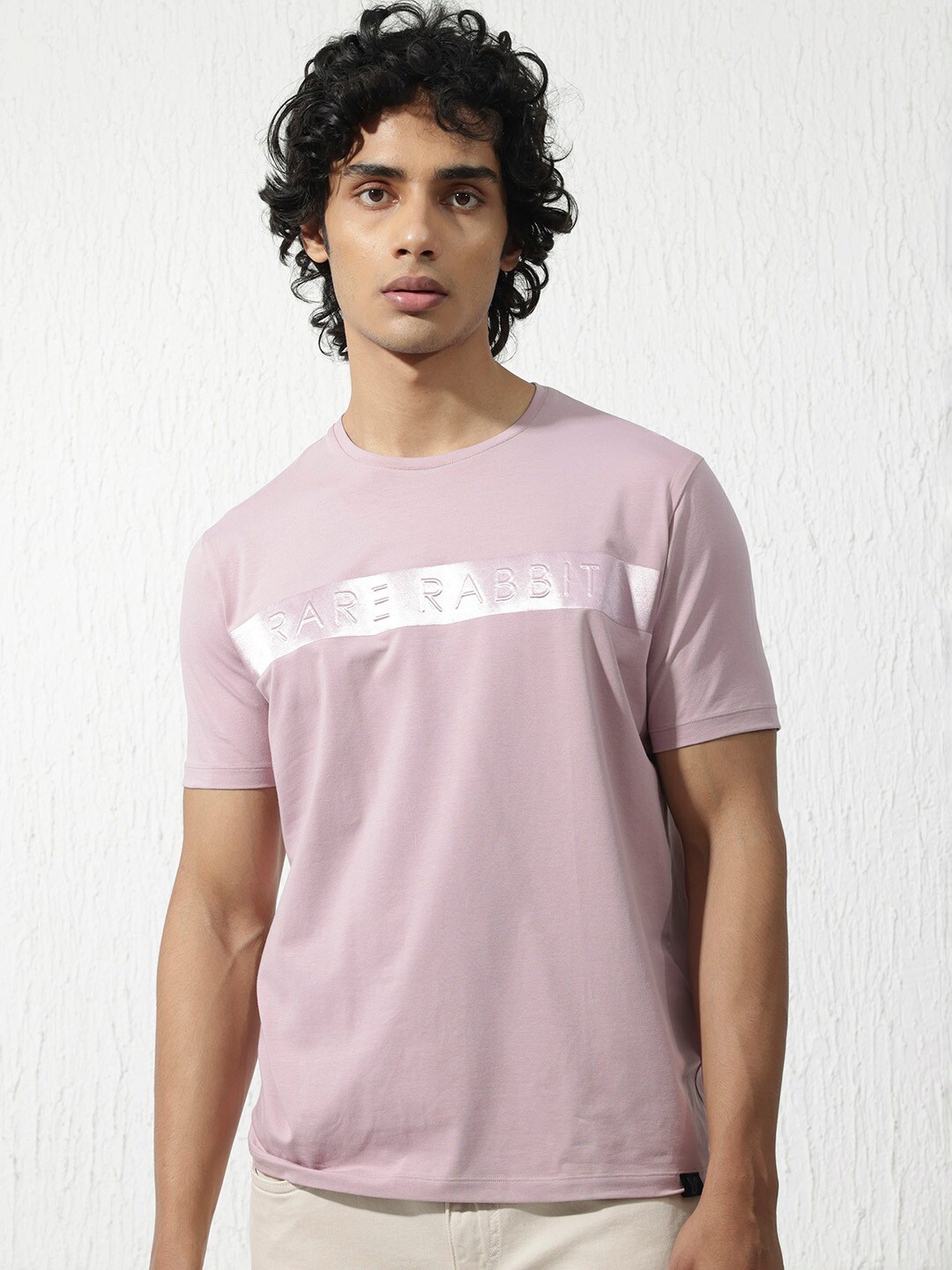 

RARE RABBIT Men Olios Slim Fit Typography Printed Cotton T-Shirt, Pink