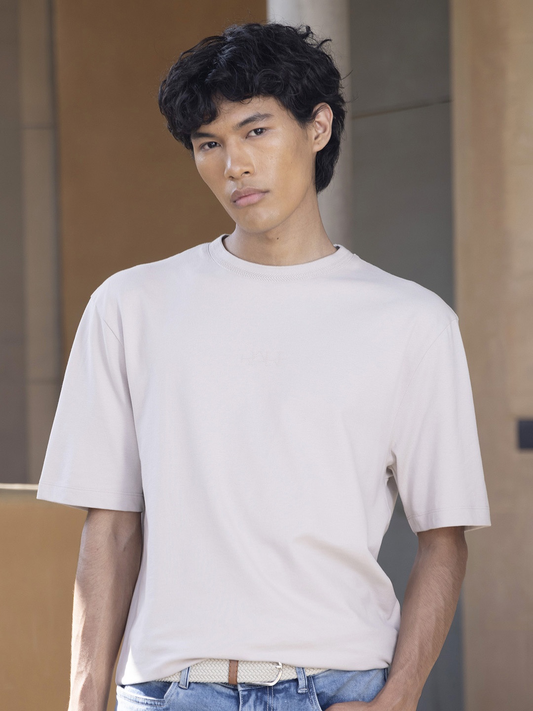 

RARE RABBIT Men Heros Round Neck Cotton Slim Fit T-Shirt, Beige