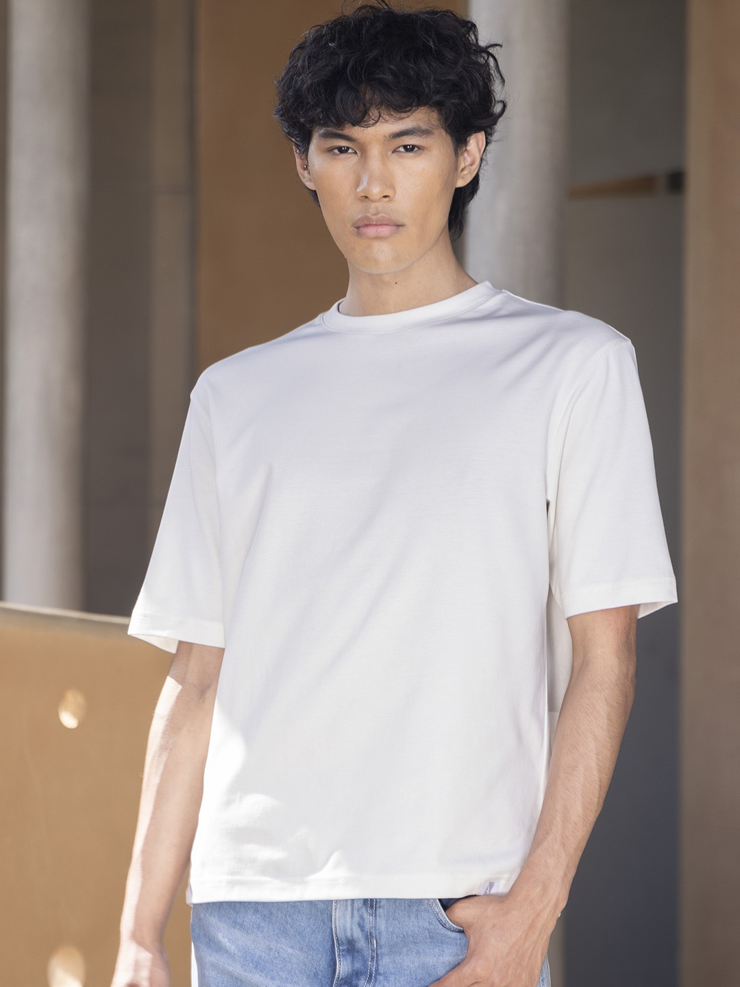 

RARE RABBIT Men Qlo Slim Fit Round Neck Cotton T-Shirt, Off white