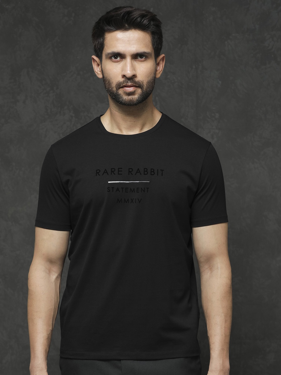 

RARE RABBIT Men Kalo Round Neck Cotton Slim Fit T-Shirt, Black