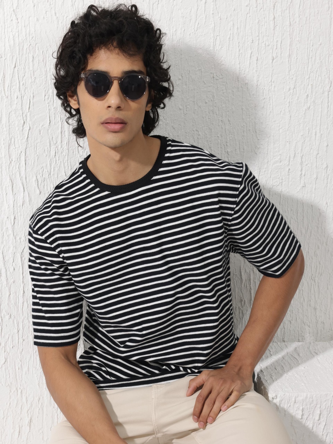 

RARE RABBIT Men Paskot Oversized Striped Cotton Slim Fit T-Shirt, Navy blue