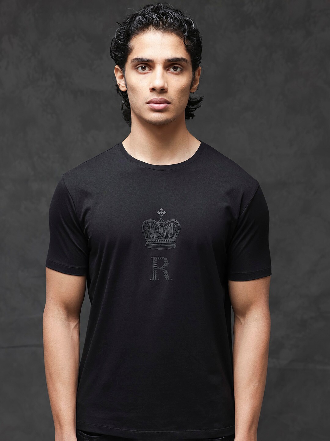 

RARE RABBIT Men Maisel Slim Fit Graphic Printed Cotton T-Shirt, Black