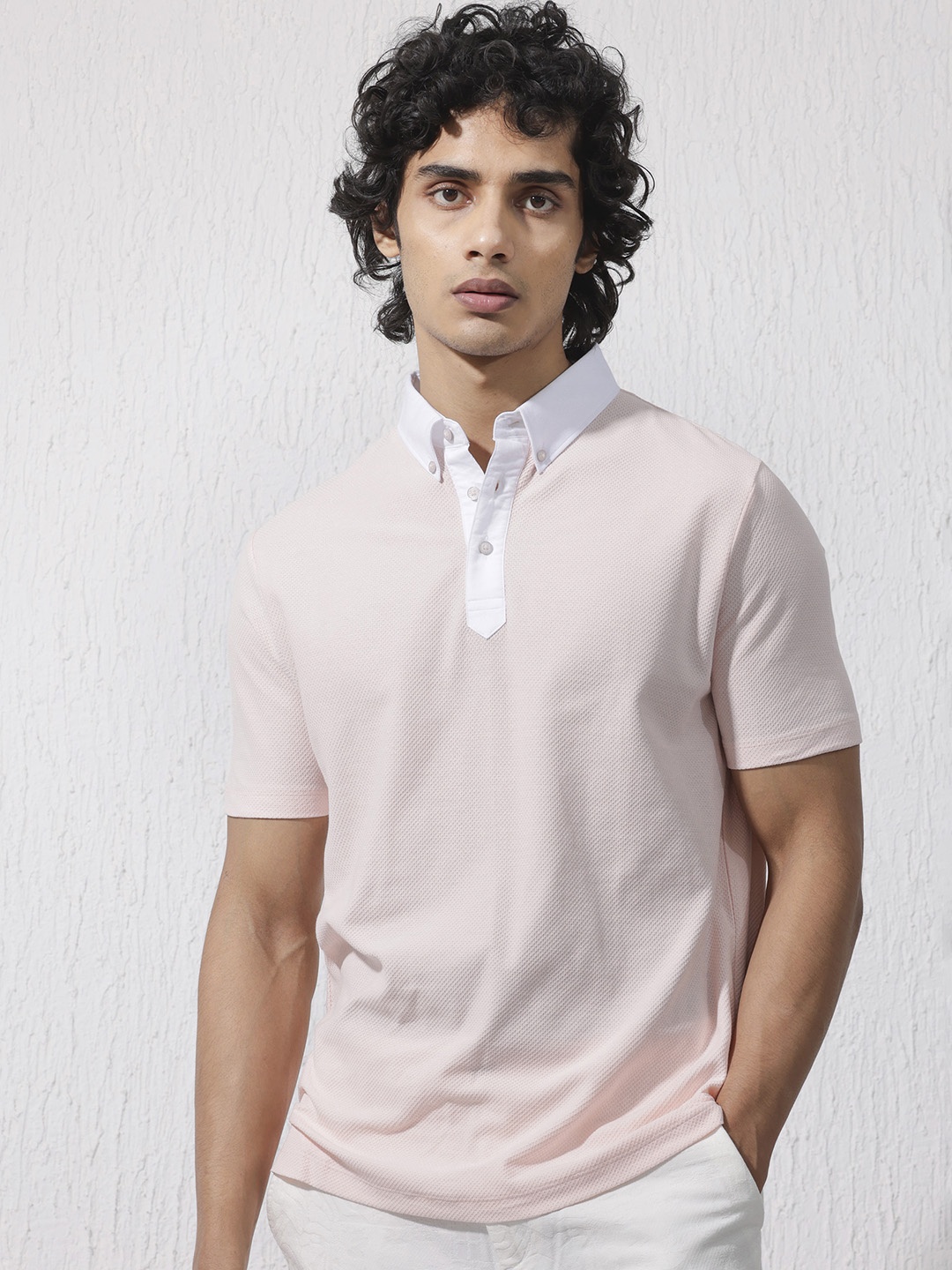 

RARE RABBIT Men Parma-2 Button Down Collars Cotton Slim Fit T-Shirt, Pink