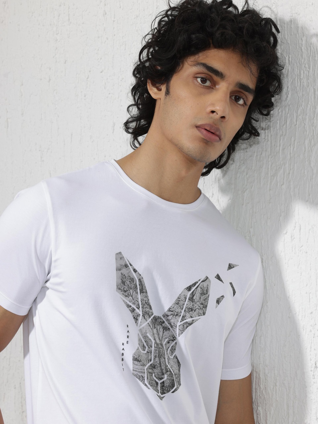 

RARE RABBIT Men Arbor Slim Fit Graphic Round Neck Cotton T-Shirt, White