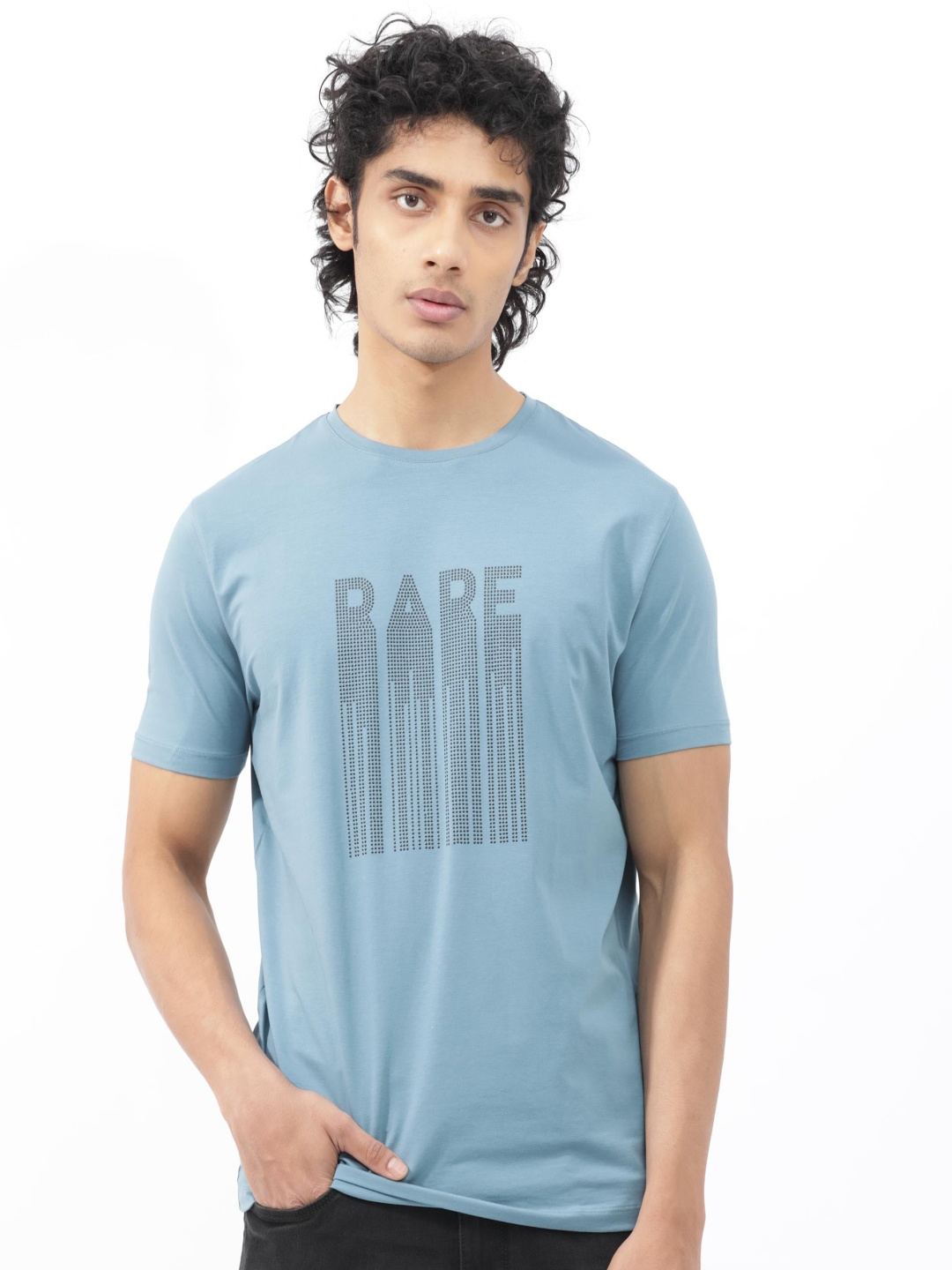 

RARE RABBIT Men Bocat Round Neck Typographic Printed Cotton Slim Fit T-Shirt, Blue