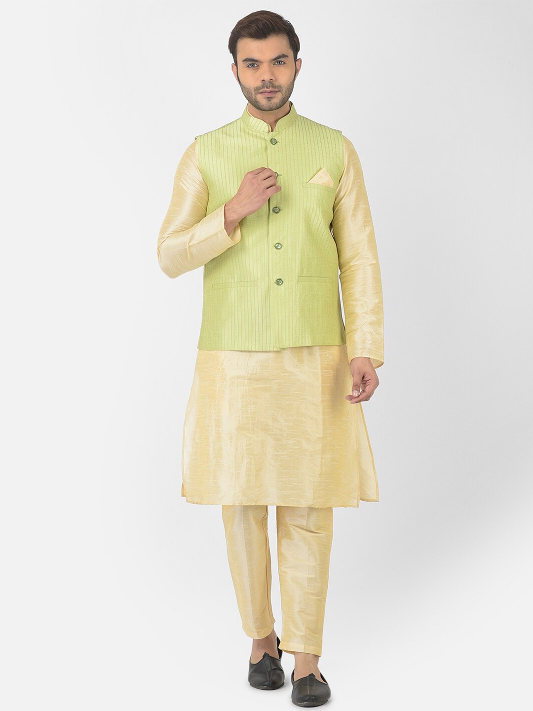 

DEYANN Woven Design Jacquard Silk Nehru Jacket, Green